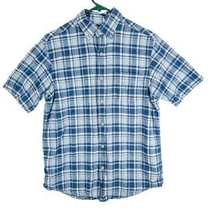 Cremieux Linen Blend Shirt Men's Small Button-Up Short Sleeve Blue Plaid